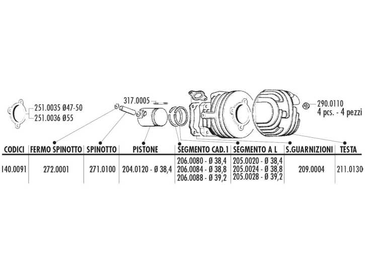 Kolbenring Polini 38,8x2mm (oben) für Vespa PK 50, Special 50, XL 50