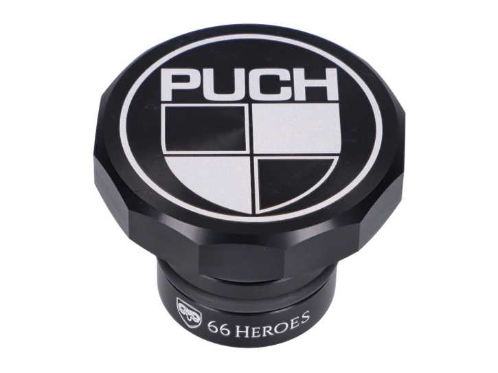 Tankdeckel 66Heroes Aluminium schwarz mit Puch-Logo für Puch Maxi S, N