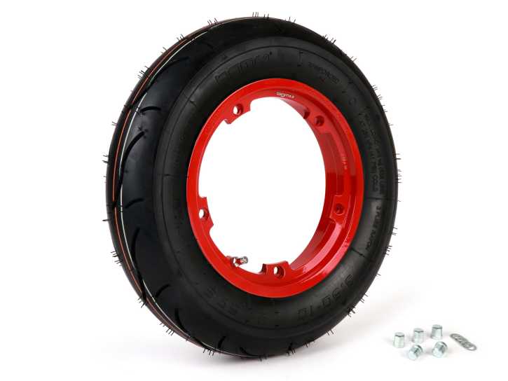 Komplettrad (Reifen fahrbereit auf Felge montiert) BGM Sport, schlauchlos, Vespa Largeframe PX, Sprint, Rally, GT, GTR, TS, T4, LML Star/Stella 3.50 10 Zoll TL 59S (reinforced) Felge 2.10-10 rot