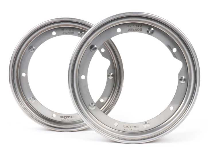 Felgen-Set BGM PRO 2.10-10 Zoll Vespa (Typ PX) Vespa Smallframe V50, 50N, Special, PV, ET3, PK50-125 (S/XL/XL2), Largeframe PX, T5, Sprint, Rally, GT/GTR, LML Star, Deluxe Edelstahl