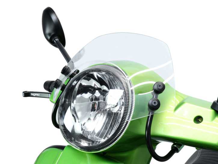 Windschutzscheibe mit schwarzen Haltern Moto Nostra b=340mm, h=105mm Vespa GT, GTL, GTS, GTS Super 125-300ccm transparentes Glas