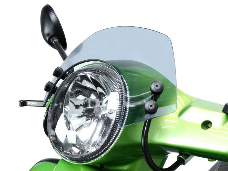 Windschutzscheibe mit schwarzen Haltern Moto Nostra b=340mm, h=105mm Vespa GT, GTL, GTS, GTS Super 125-300ccm transparent grau